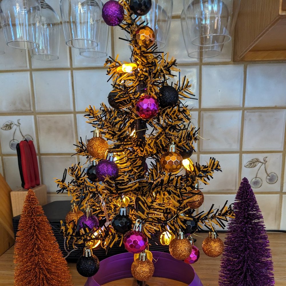 Small Halloween Black And Orange Tinsel Tree With Lights/Accessories